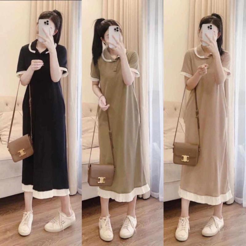 Váy Bầu ,Đầm Bầu Polo Dáng Suông Cổ Sen Phối Viền Bèo Sang Chảnh Dáng Dài