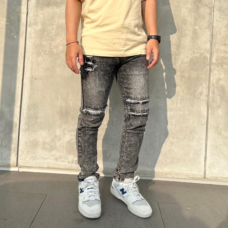 Celana jeans denim pria motif sobek straigh slim ripped Stretch Panjang Fit Slimfit Skinny 0