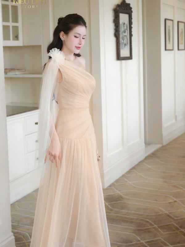 [Kiều Linh]-Váy Maxi Dự Tiệc Thiết Kế Lệch Vai KL281 chất liệu Lưới cao cấp, 2 Lớp Lót, Giấu Đường May, kết Hoa vai 5