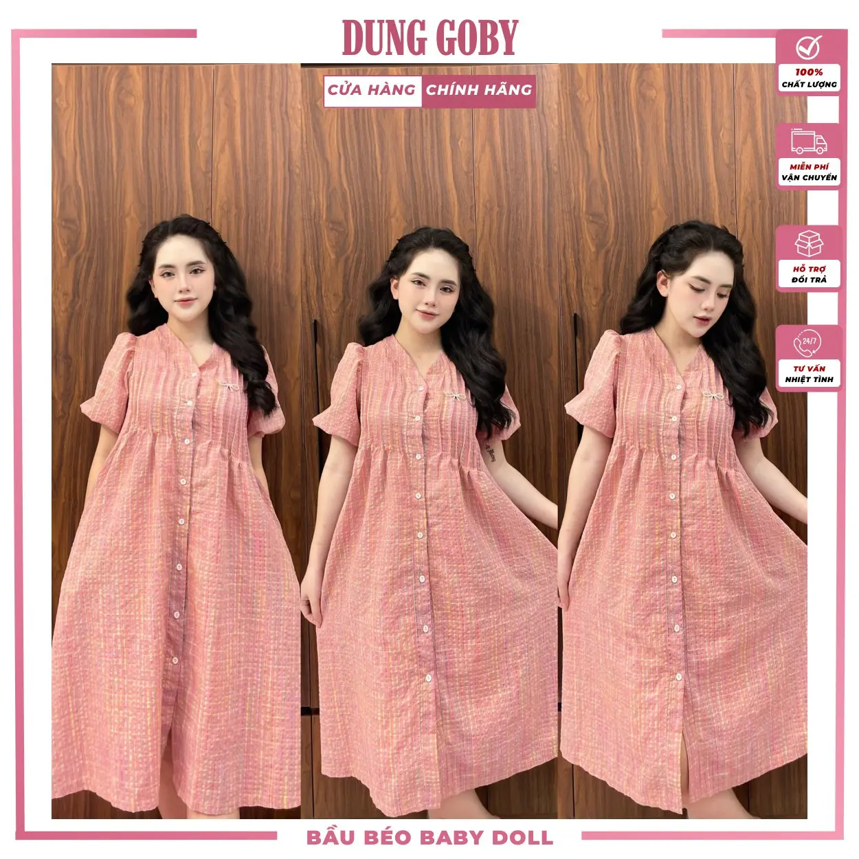 Váy Kẻ Màu Hồng 2 Lớp Cổ Tim Xếp Ly Kèm Tag Cài Mã V05 Nữ Women Dress