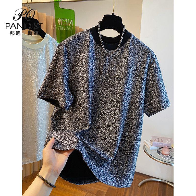 Áo Thun Đính Kim Tuyến, Bondiston Pandist, Dành Cho Nam Giới, Độc Đáo Sang Trọng Cao Cấp, Áo Thun Ngắn Tay, Thời Trang Hàng Đầu Menswear Cổ Tròn 1