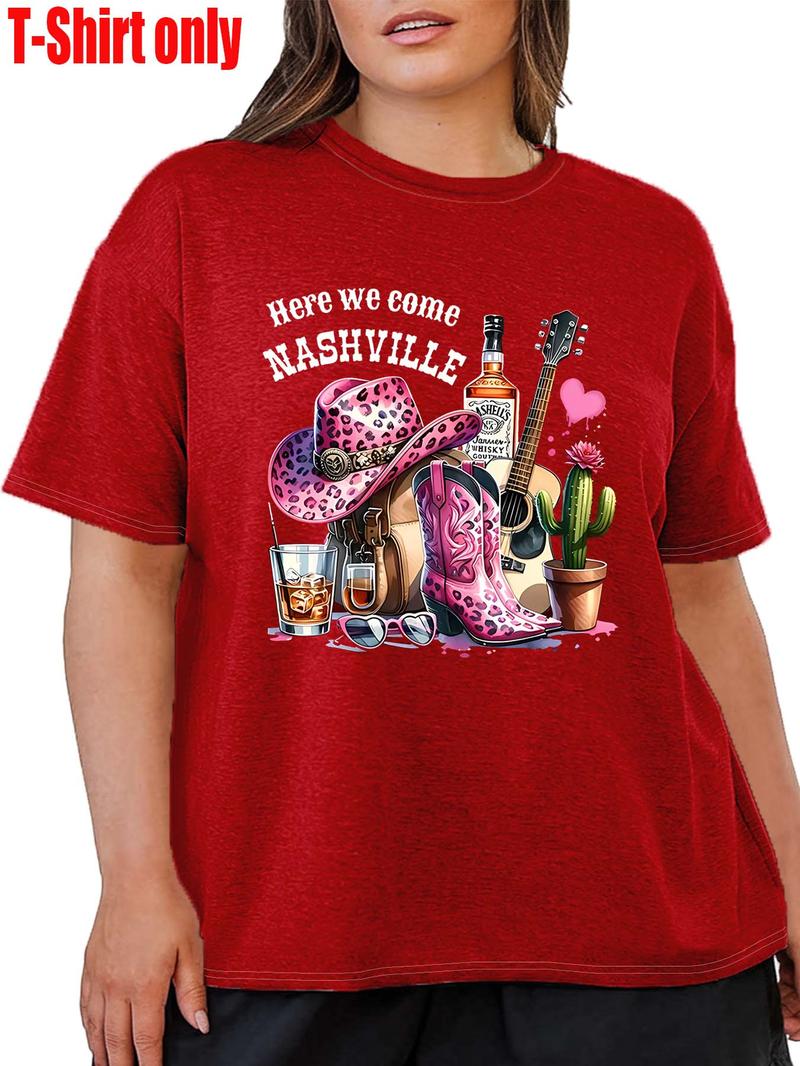 Product Introduction of 【Plus Size】 Letter & Cowboy Hat Print Round Neck Tee, Fashion Casual Crew Neck Short Sleeve T-shirt for Daily Holiday Vacation Outdoor Wear, Women Clothing for All Seasons 3