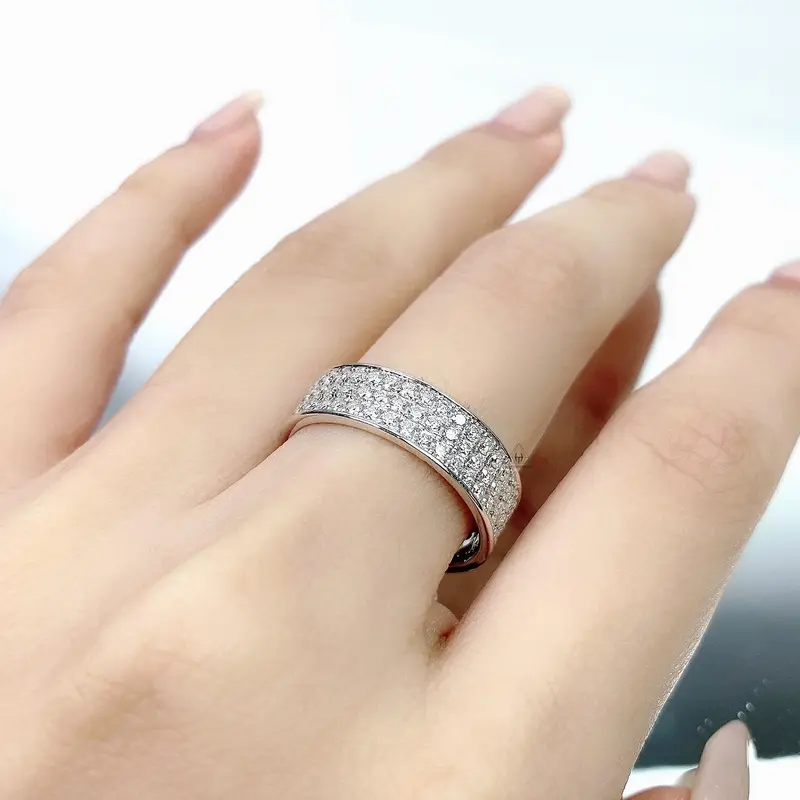 Nhẫn Bạc 925 Xi Kim 3 Hàng Tấm FULL MOISSANITE 1.5mm RX191 Hà Tuấn Jewelry 4