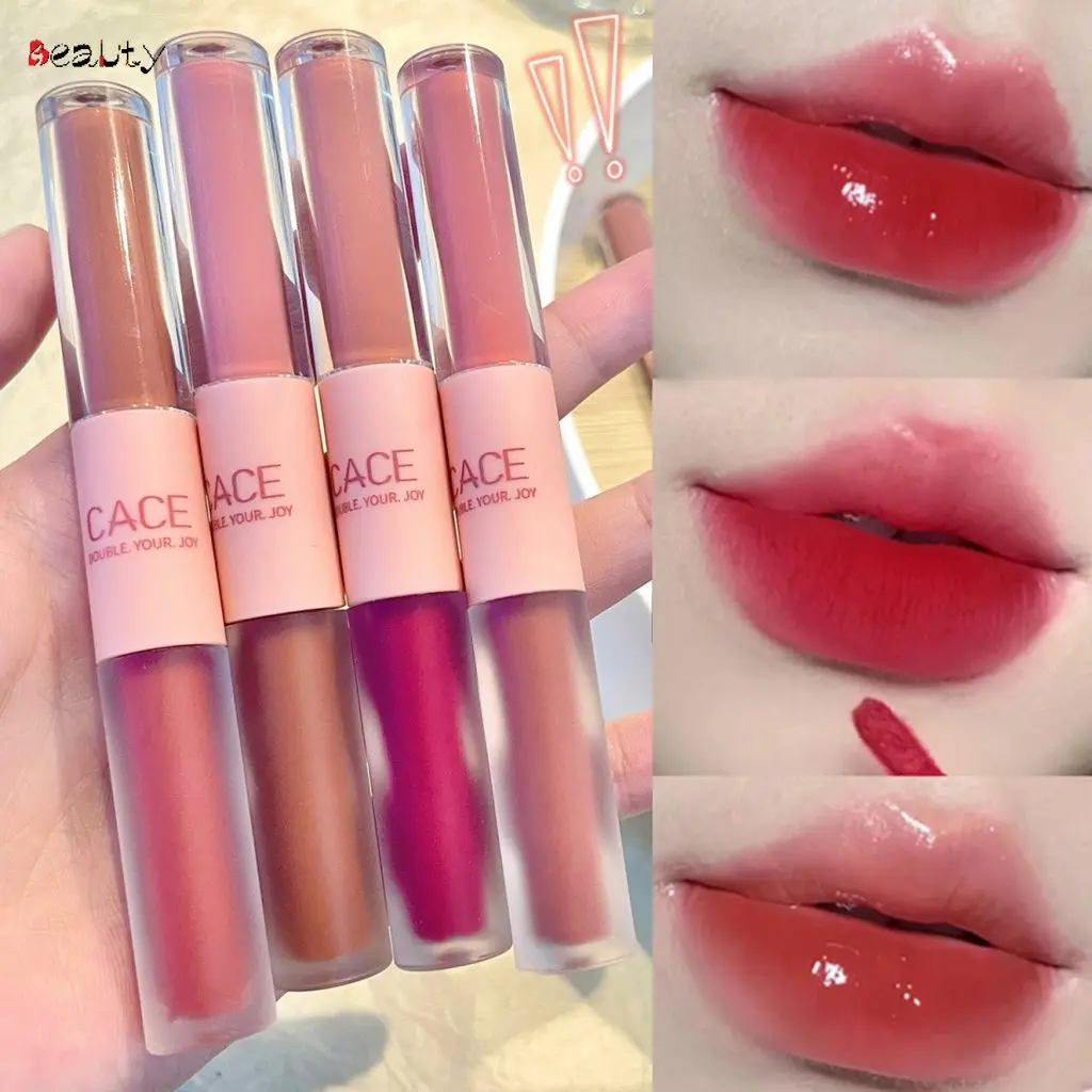 CACE 2 In 1 Water Light Mirror Lip Gloss Liquid Glitter Moisturizing Lipstick Velvet Matte Double-head Lasting Non-stick Cup Lip Glaze Cosmetics