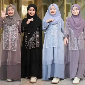 Rayyan Dress Gamis Muslim Anak Perempuan Usia 8-13 Tahun Bahan Ceruty Mix Brukat Style Lebaran 2025 Kancing Depan & Tali Pinggang Full Furring Variasi Warna