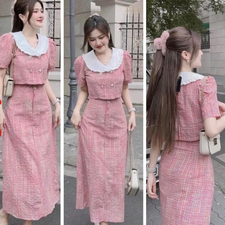 Sét váy tiểu thư caro hồng gài nút phối bèo trắng hot trend màu pastel nàng xinh mặc diện xuống phố dự tiệc sang trọng