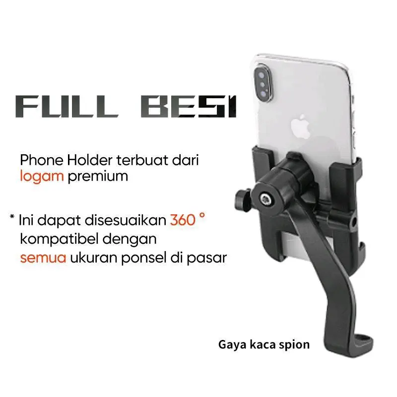 Holder HP Spion Motor Vario 125 150 160 Beat Aerox Nmax Mio Gear Sporty Fazzio Grand Filano Bahan Full Besi Hitam Kaca Ponsel 2