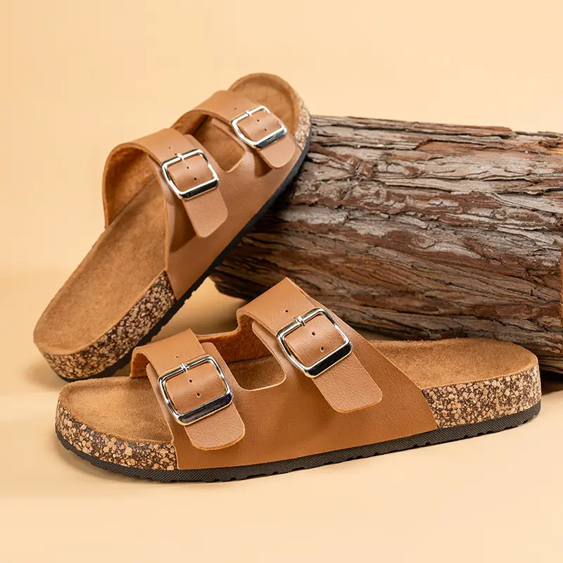 Boken Slippers Men's Couple Cork Retro Leather Half Slippers Women's Platform Outdoor Wear Double Buckle Shoes Ins Men's Fashion