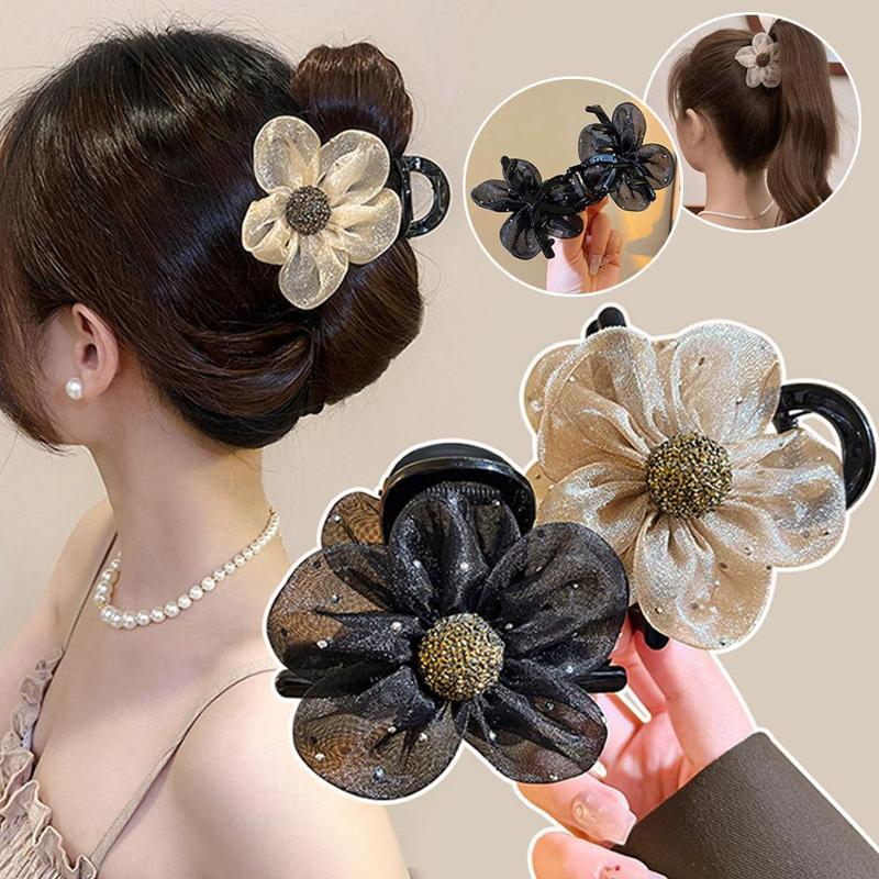 Càng Cua Tóc Hoa Kim Cương Giả Lưới, Dành Cho Nữ, Thời Trang Hàn Quốc, Phong Cách Càng Cua Hoa Hướng Dương Đen, X4X6 3
