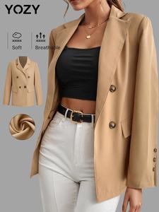 YOZY Women's Solid Double Button Lapel Neck Blazer, Elegant Long Sleeve Outerwear for Work Office Business, Ladies Fall & Winter Clothes