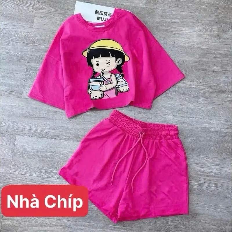 BỘ BÉ GÁI CROPTOP-IN HINH CÔ GÁI
