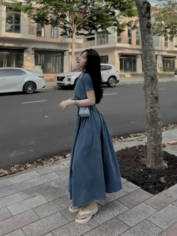 Đầm Nữ Xòe Maxi Dự Tiệc Jean QC cổ V Tay Ngắn Nút Gài Tôn Dáng Nữ Tính Dịu Dàng Thanh Lịch Sang Trọng Dễ Thương  - Free Size - Women, Top 4