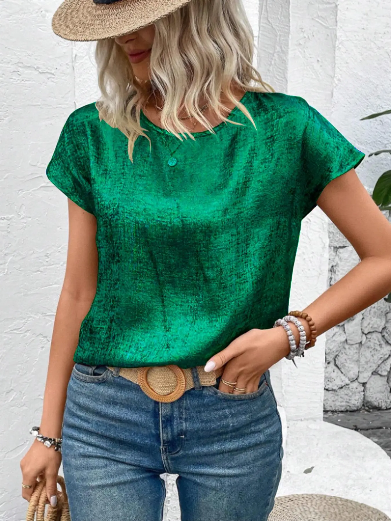Women's Minimalist Plain Round Neck Cap Sleeve Satin Blouse, Comfortable Summer Clothes Women, Lady Casual Comfort Batwing Sleeve Top for Summer, Women's Comfort Summer Clothes for Everyday Daily Wear