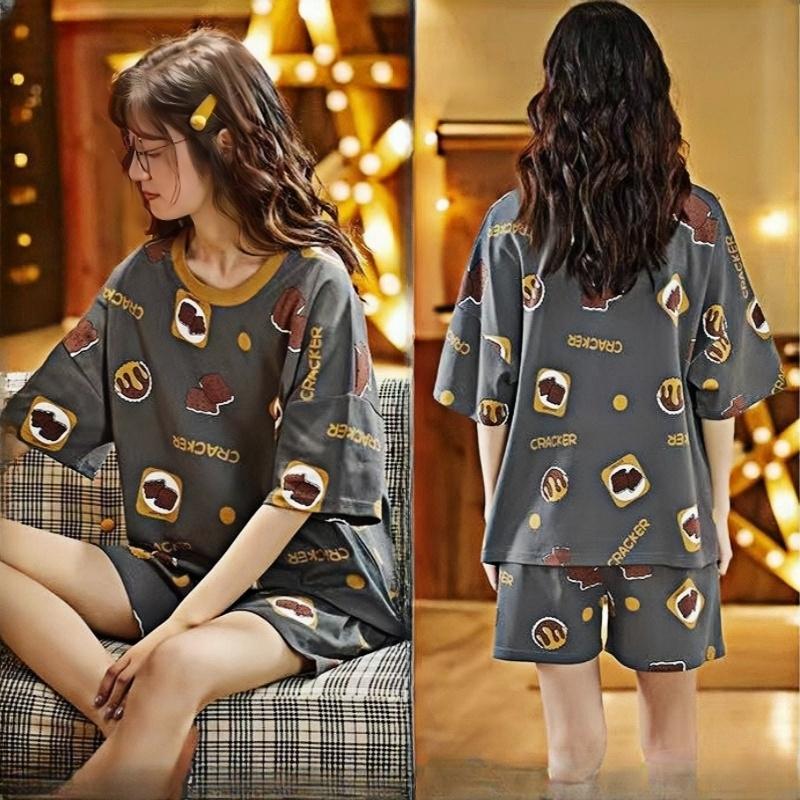 Bộ Đồ Ngủ Hoạt Hình, Dễ Thương, Dành Cho Nữ, Chất Liệu Cotton Mỏng, Áo Sơ Mi Ngắn Tay, Quần Đùi, Đồ Ngủ Thường Ngày Dáng Rộng, Quần, Màu Trơn Đơn Giản, Thích Hợp Cho Các Cặp Đôi, Bộ Quần Áo Mặc Nhà, 2 Chiếc 6