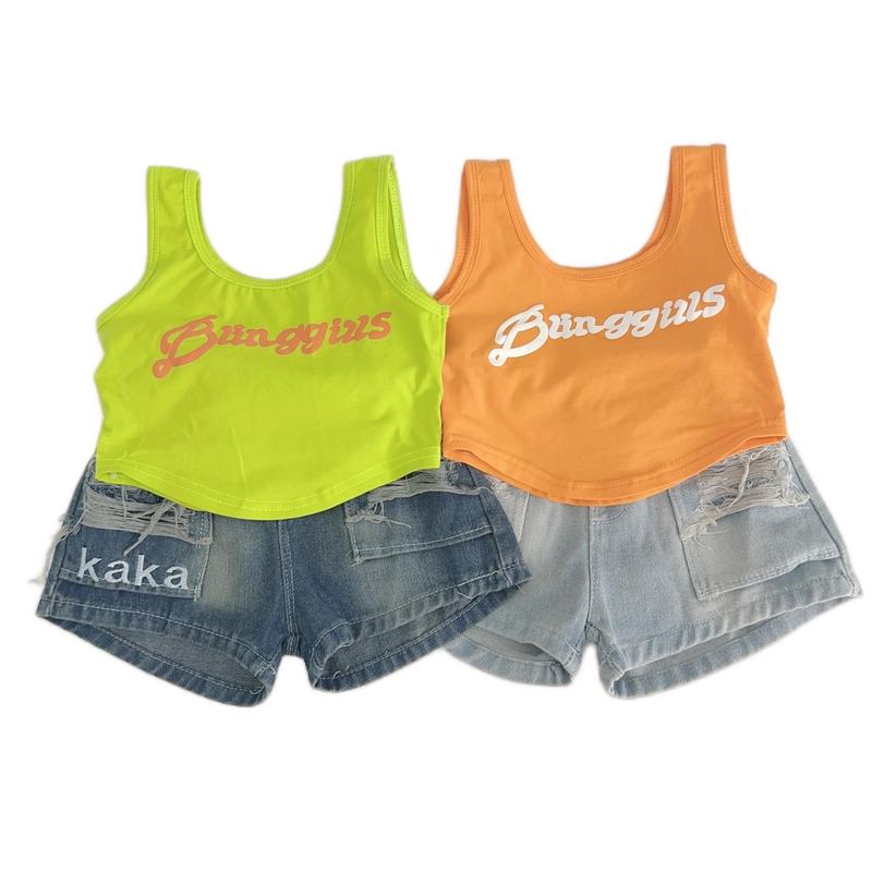 [A42] [MỘC BABY STORE] set bộ quần áo  jean đùi +áo cotton ba lỗ  sang chảnh mặc đi chơi cho bé gái 9-30kg