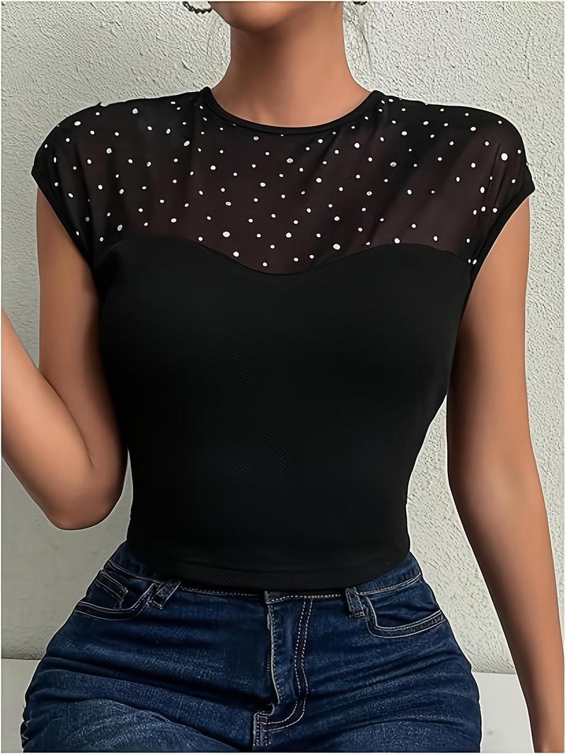 Product Introduction of Women's Contrast Sequins Sheer Top, Elegant Fashion Casual Crew Neck Top for Daily Outdoor Wear, Women Clothing for Summer 3