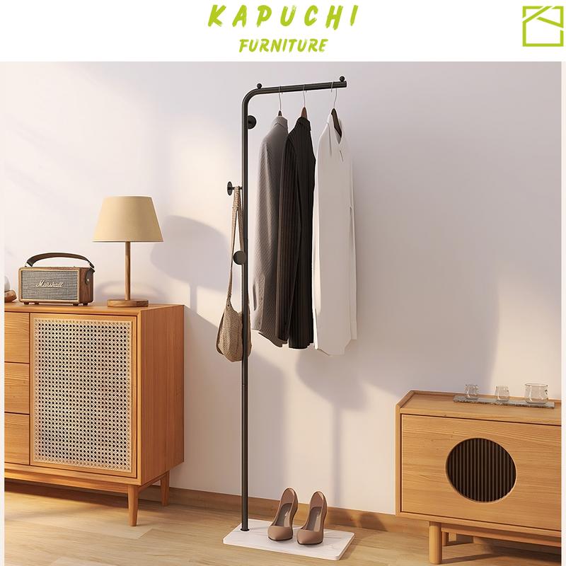 Giá treo quần áo thanh ngang, móc treo đồ sang trọng khung thép chân đế gỗ - KM91