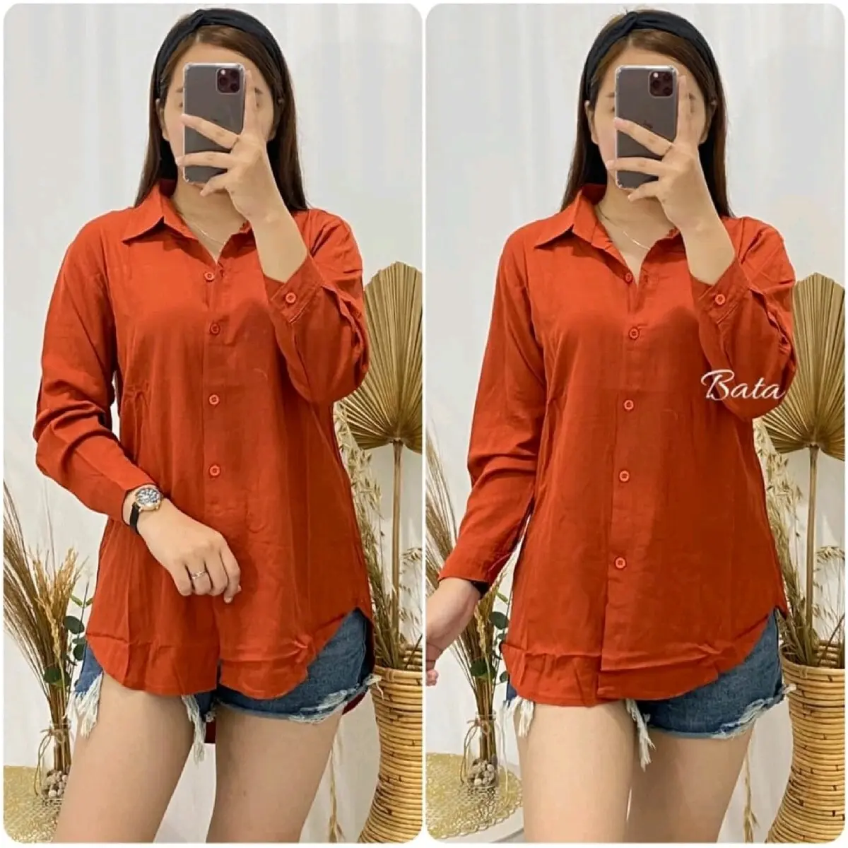 Kemeja Crinkle Oval Wanita Kemeja Blouse Polos Kerja Oversize Atasan Panjang Baju Kancing Kantor Cewek Hitam Santai Airflow Nyaman Formal Basic Tangan