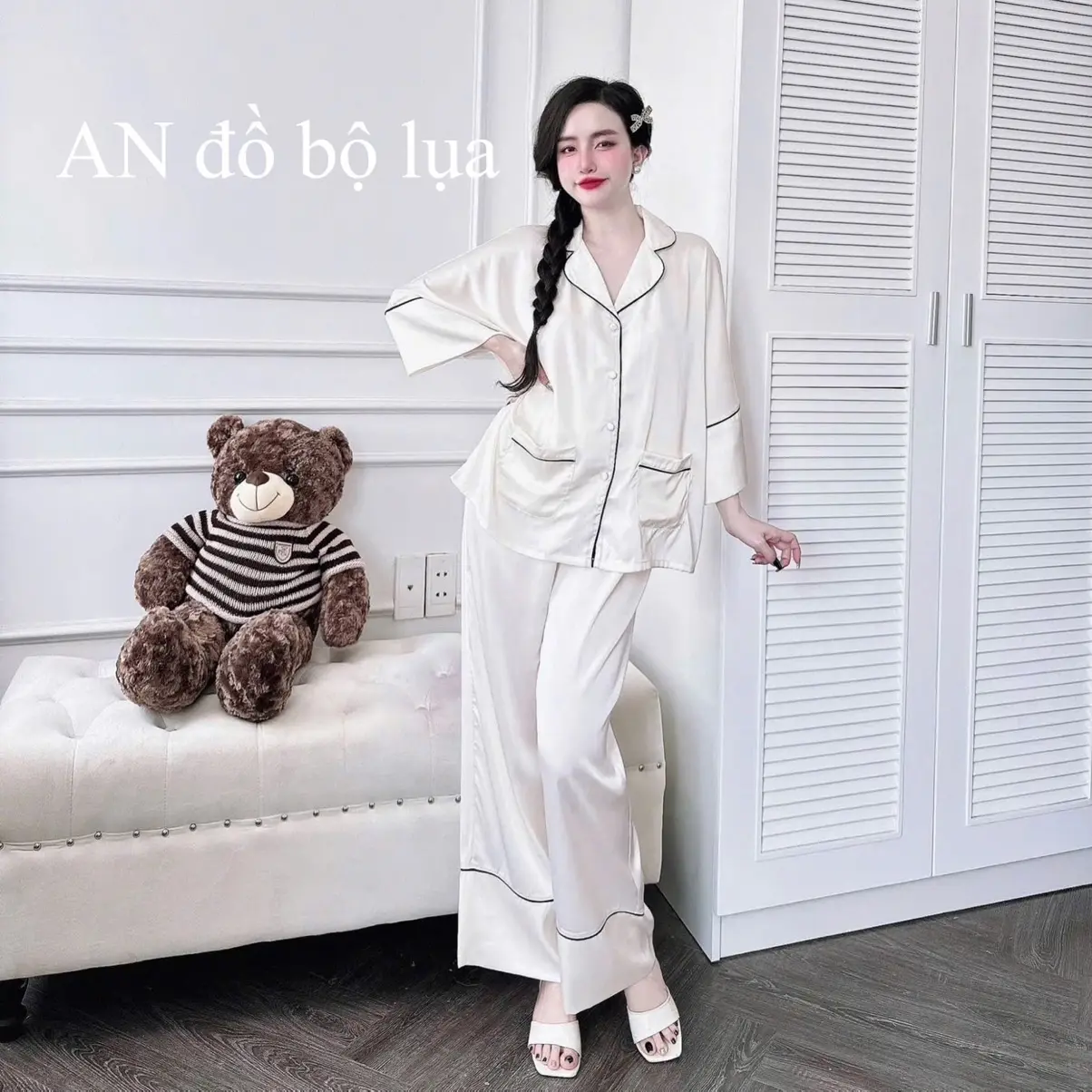 50-70kg, bộ lụa tay lỡ VIỀN LÉ, quần suông rộng có túi, chất lụa latin tơ tằm cao cấp, Nữ Women Lịch