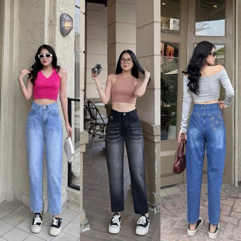 Quần baggy jean nữ NẤM LÙN ống nhỏ không co giãn phối thêu ở trước và túi sau trẻ trung và cá tính