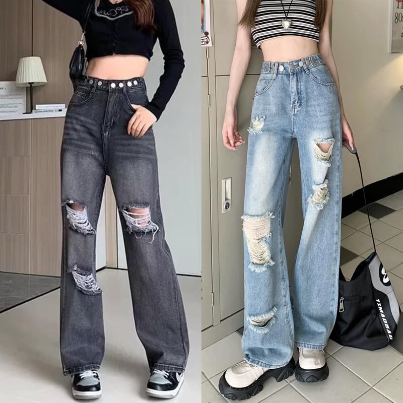 Quần Jean Suông Ống Rộng Màu Xanh Nhạt Mài Rách Thời Trang BigSize Có Tăng Đơ Nút 2 Bên Denim 0117 0118 Quần Jean Ống Rộng Wash Màu Quần Bò Ống Rộng Kiểu Dáng Ống Suông Rộng Quần Bò Nữ Ống Rộng Dáng Xuông Nữ Pants Baggy Women Ong
