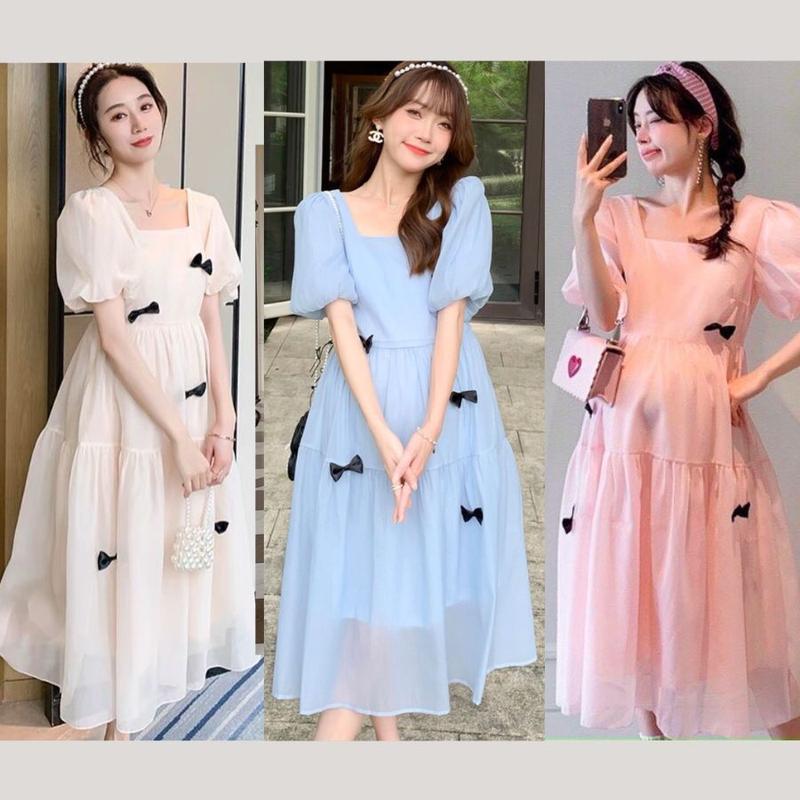 Đầm bầu thiết kế VB9 váy bầu cổ vuông tay bồng xinh màu kem hồng xanh 2 lớp