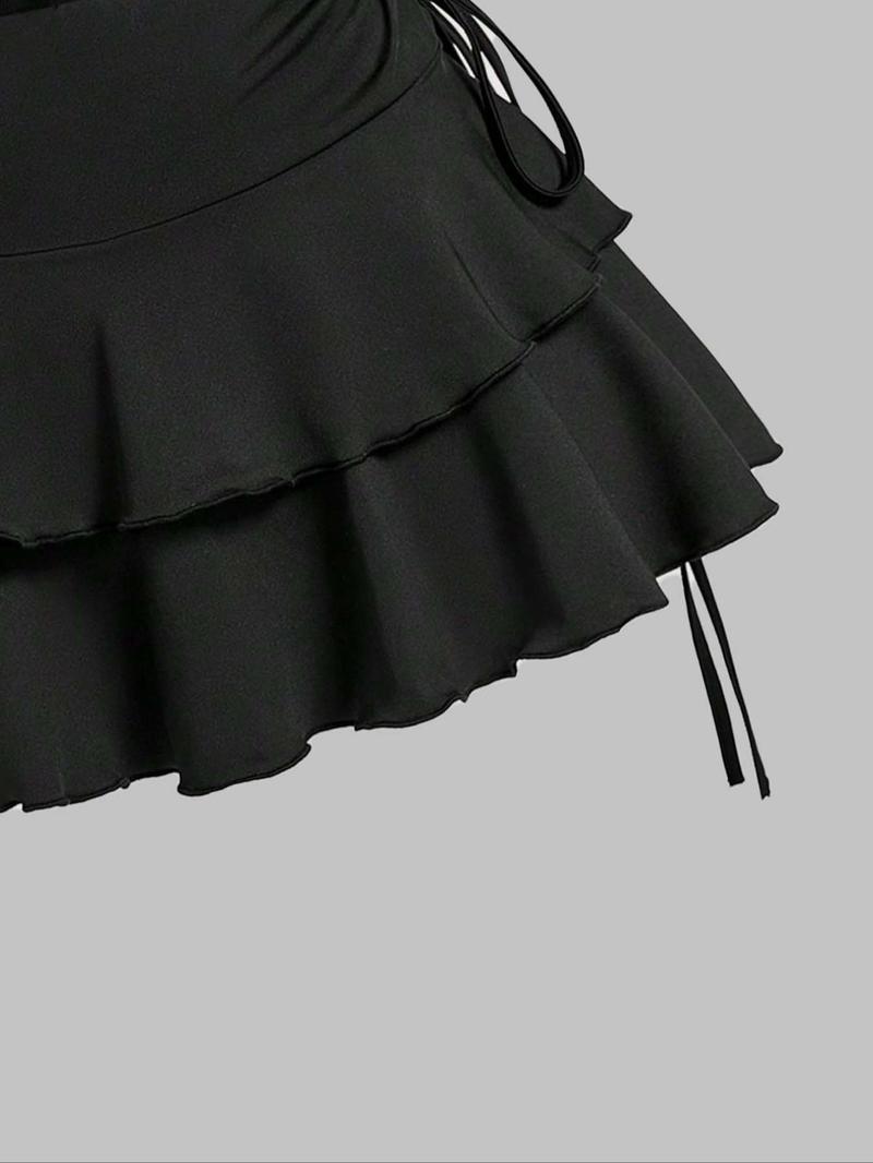 Product Introduction of Women's Solid Ruched Tie Back Halter Top & Ruffle Skirt Set, Sexy Chic Backless Sleeveless Top & Tiered Layer Skirt, Ladies Summer Clothes for Beach Holiday Vacation, Womenswear 7