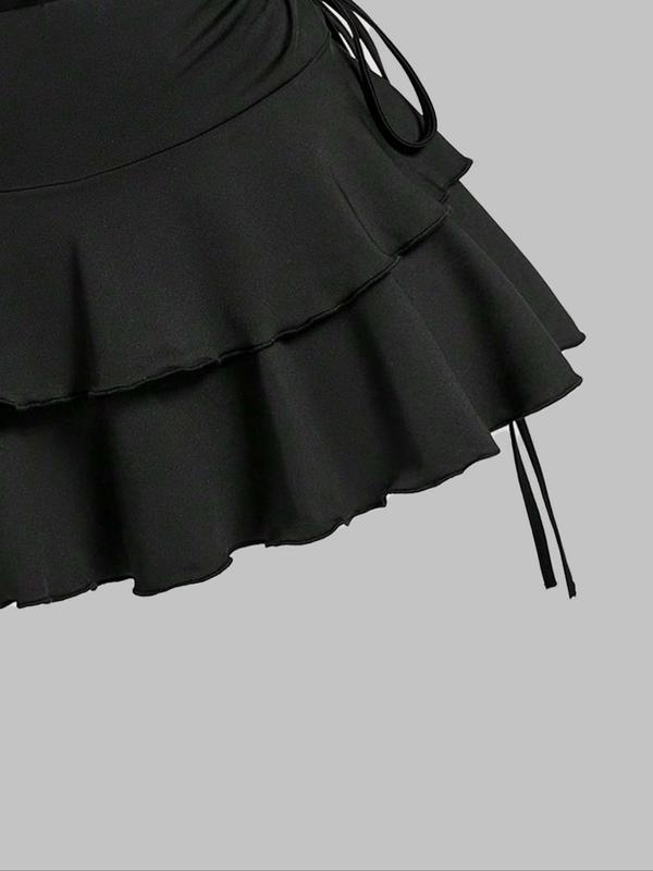 Women's Solid Ruched Tie Back Halter Top & Ruffle Skirt Set, Sexy Chic Backless Sleeveless Top & Tiered Layer Skirt, Ladies Summer Clothes for Beach Holiday Vacation, Womenswear 6
