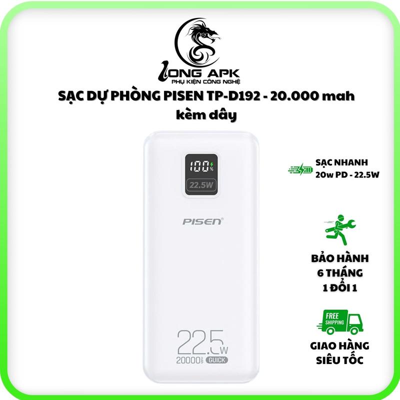  Pin sạc dự phòng PISEN TP-D192 20000 mah kèm dây sạc nhanh 22.5w - 20w PD phụ kiện sạc điện thoại Pin Dự Phòng 