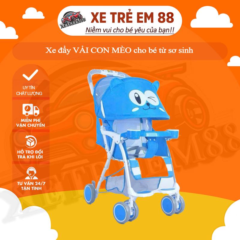 Xe đẩy VẢI CON MÈO cho bé từ sơ sinh có chế độ khóa bánh xe, lót lưới thoáng khí