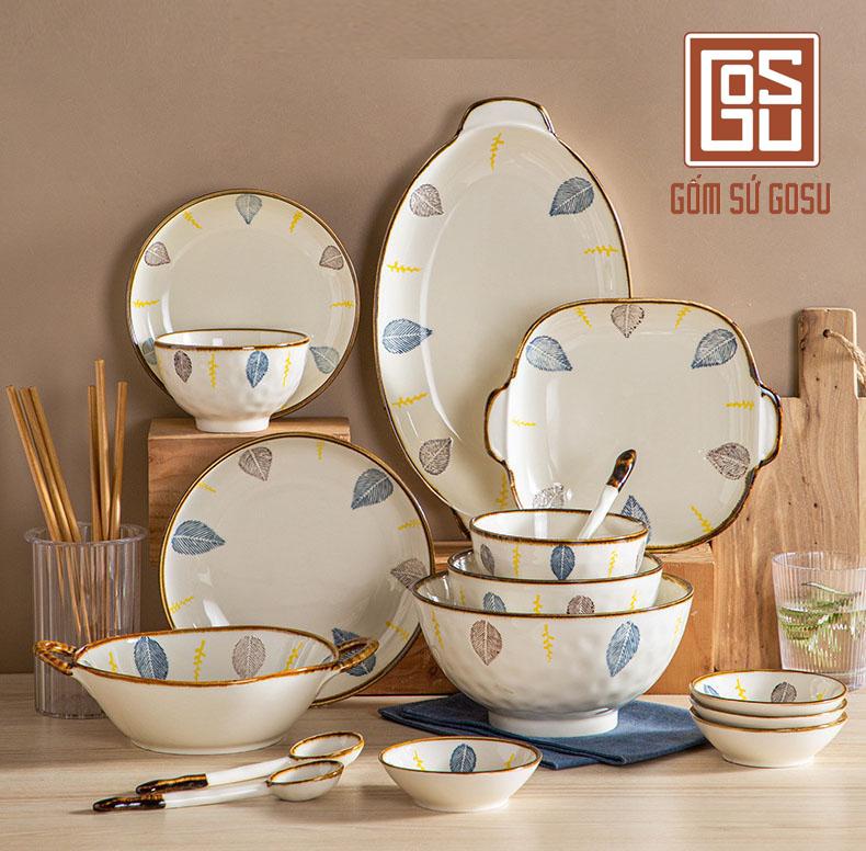  Bộ Bát Hoạ Tiêt Lá Viền Nâu  Tráng Men Cao Cấp Hoạ Tiết Vẽ Tay Đẹp 