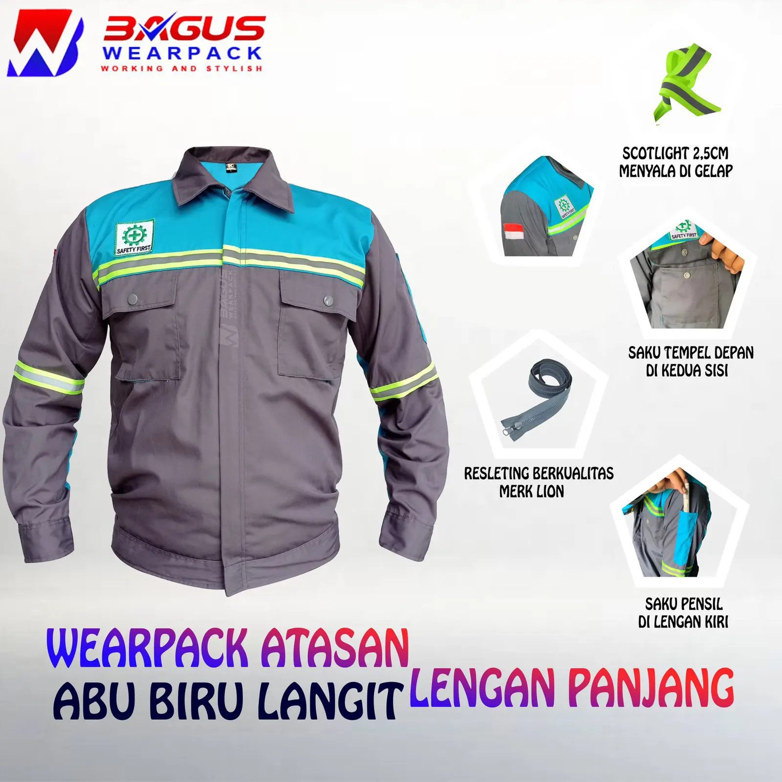 BAJU PROYEK KEREN / BAJU KERJA PRIA PROYEK ABU BIRU LANGIT Wearpack Safety
