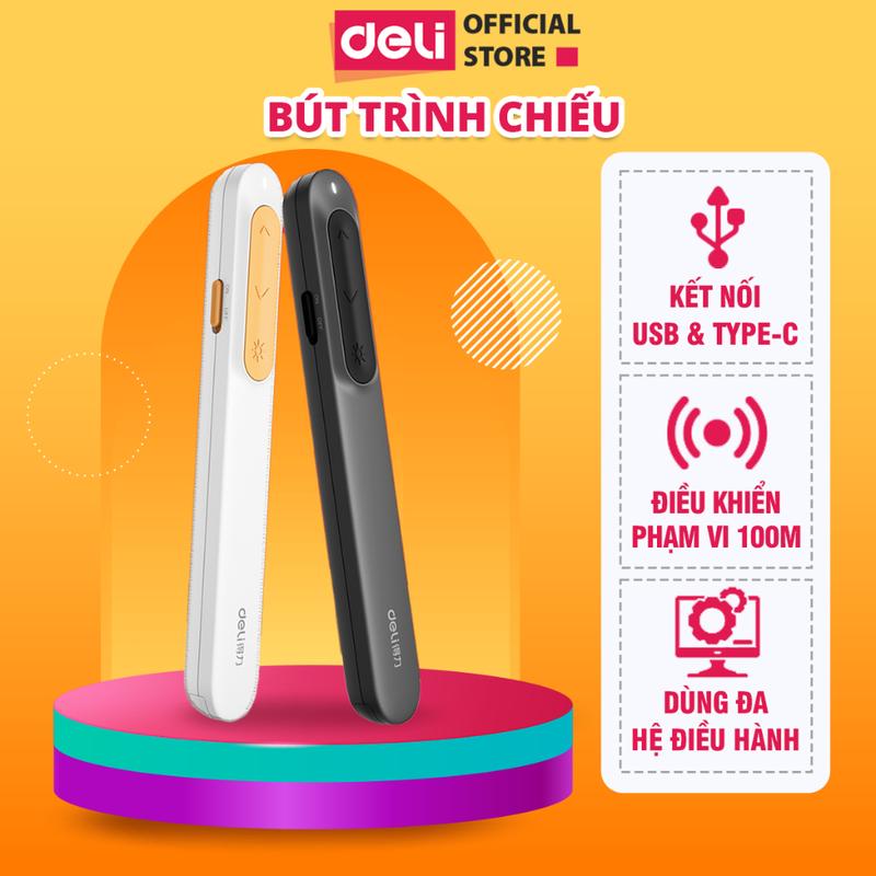 Bút thuyết trình không dây Deli bút trình chiếu Powerpoint Laser MA100 điều khiển từ xa 100m kết nối USB TypeC