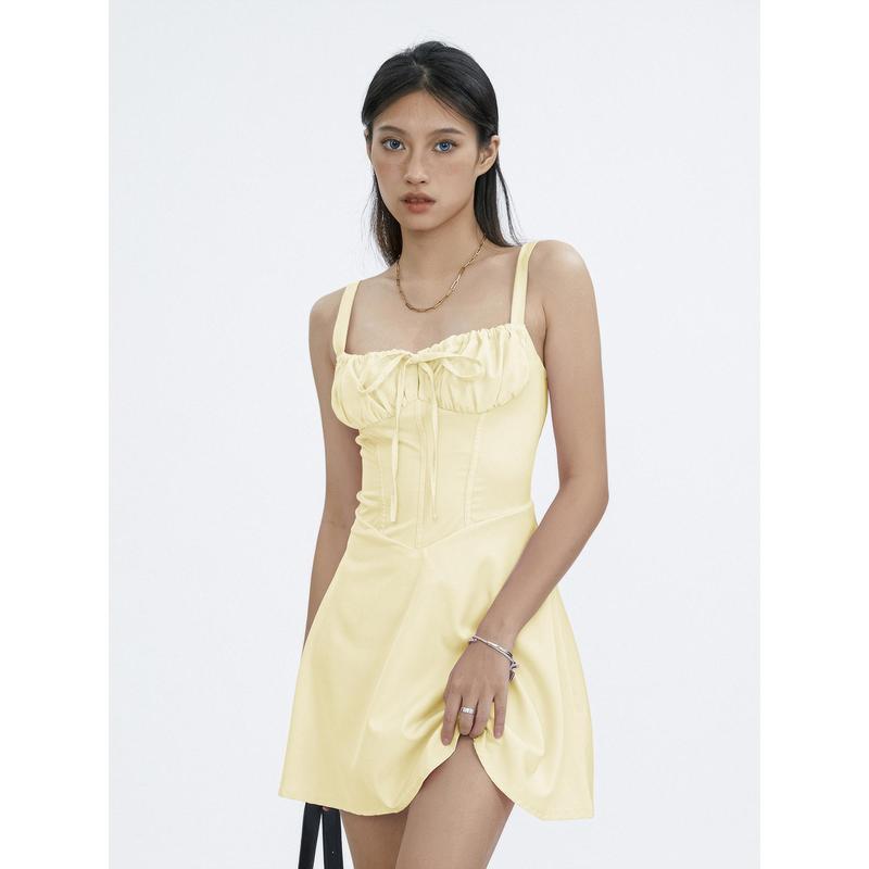 Product Introduction of SUPER-Women Summer Solid Color Tie-Up Fishbone Corset Waist Shaping Sleeveless Short Dress 45