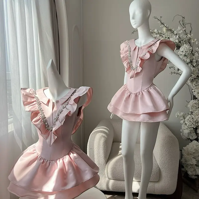Đầm cườm cổ bèo V tùng 2 tầng Women váy  chỉ giặt tay đính đá nơ tiệc 2