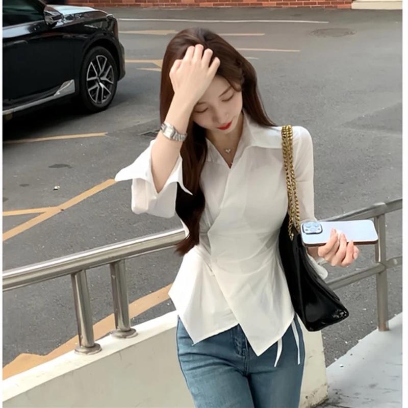 Áo sơ mi thiết kế vạt chéo hack eo sang xịn mịn. Áo Dài kiểu dài tay dễ mix max. Mix quần jeans, chân váy đều xinh. 4 size SML XL. Nữ Women Top