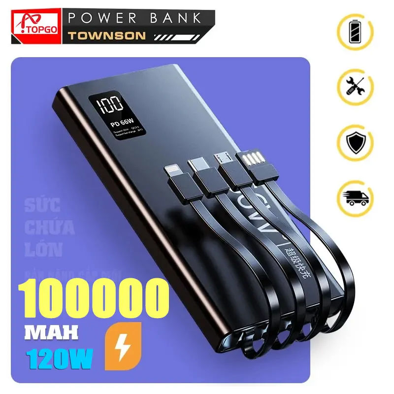 [Sạc Siêu Nhanh] 120W Sạc dự phòng 100000mAh chính hãng có màn hình50000mah pin dự phòng siêu mỏng , hỗ trợ sạc nhanh Tích Hợp 4 Dây Sạc