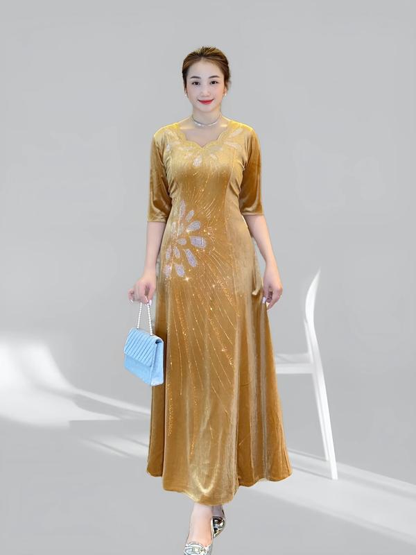 Đầm Dự Tiệc Dáng Dài Ép Đá L366 từ 45-80kg Chất Vải Nhung Mịn Ôm gọn Cổ thuyền Thanh lịch Nữ Dress Women - Đỏ