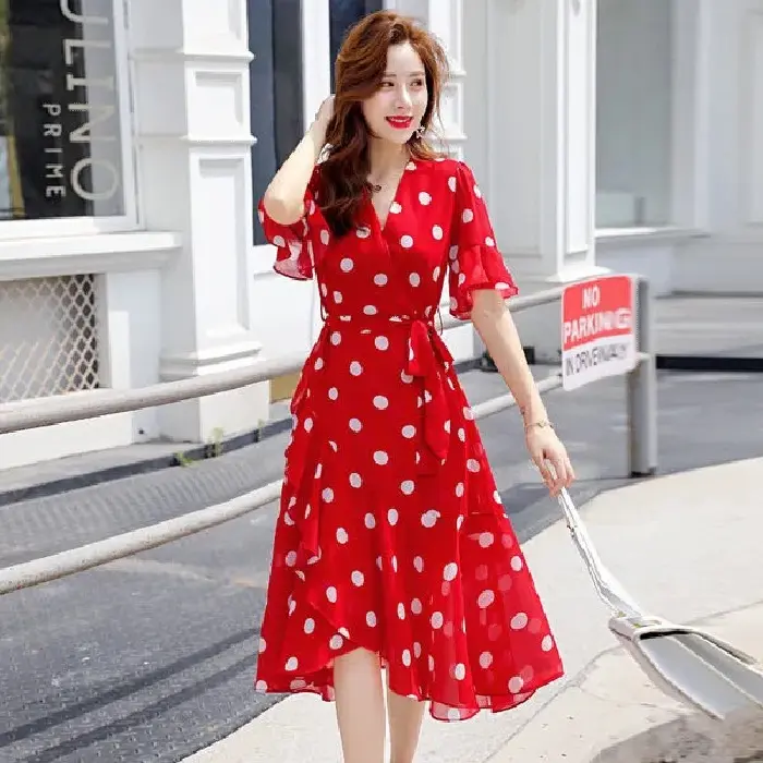 New Women's Dress Korean Style Unique Design Half Sleeve Polka Dot Dress  Little Red & Black Options - TikTok Shop Philippines