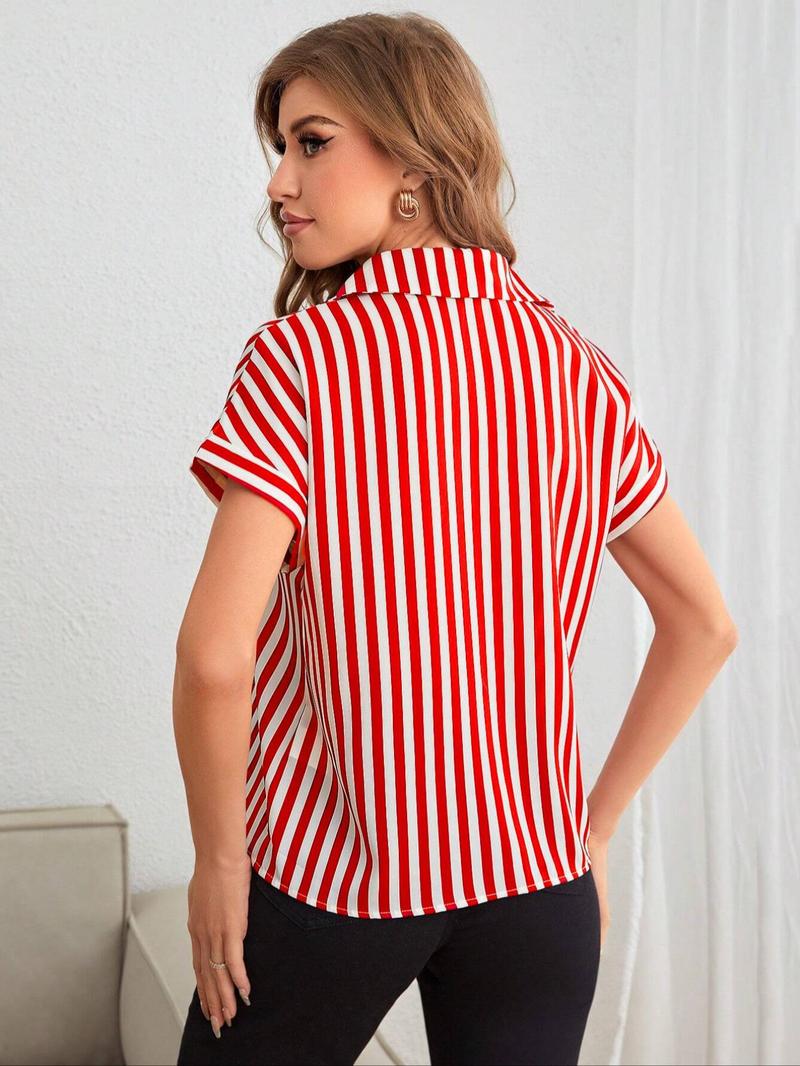 Product Introduction of Women's Striped Print  Shirt, Casual Short Sleeve Collared Top for Summer, Women's Clothing for Daily Wear 3