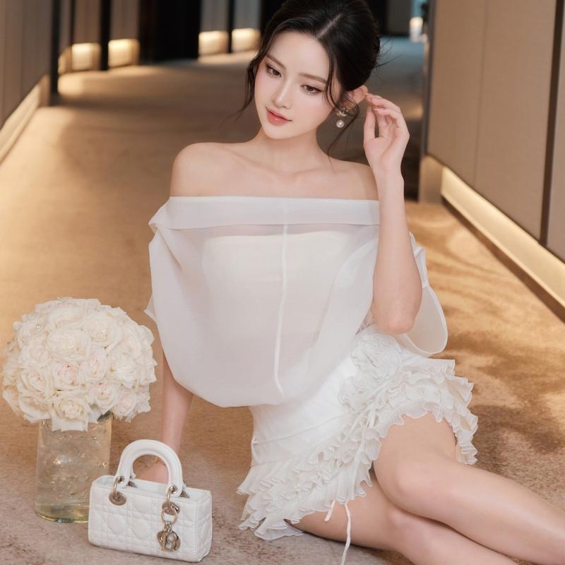 Set đầm tiệc tơ trắng Khiết form trễ vai tầng bèo, thiết kế phối hoa 3D đi kèm áo ống sang trọng KS358