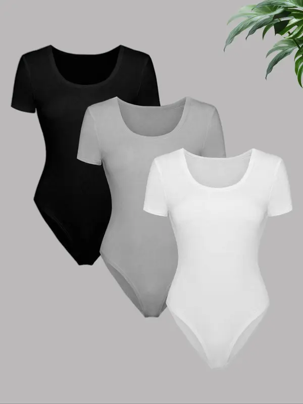 Women's Solid Color Bodysuit, Casual Comfy Breathable Short Sleeve Bodysuit for Summer, Ladies Clothes for Daily Wear 6