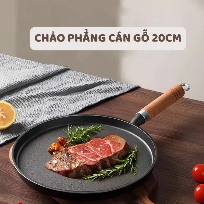 Chảo Gang Chống Dính Đúc Nguyên Khối Size 20cm Tay Cầm Cán Gỗ Cao Cấp