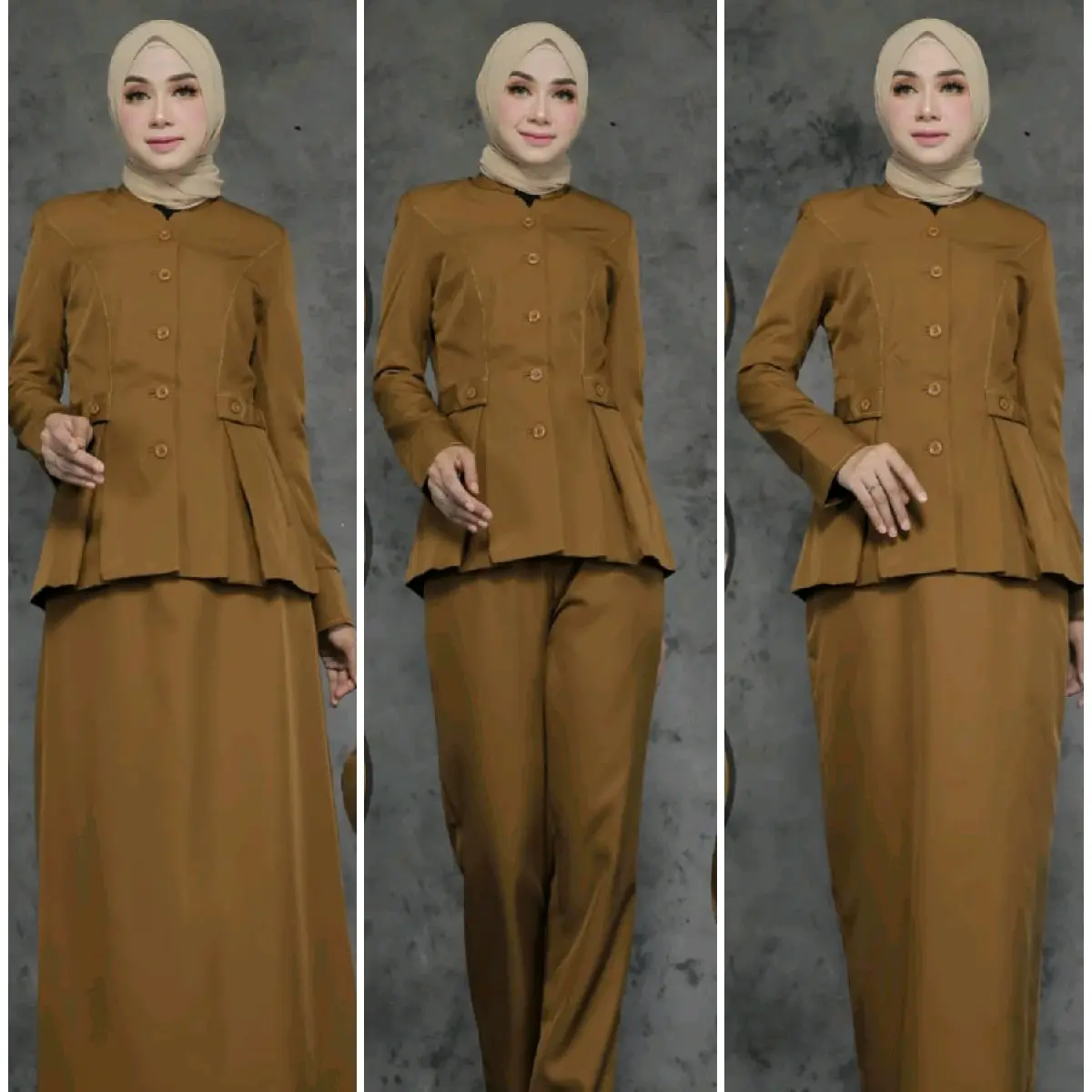 SERAGAM DINAS KERJA BAJU PEMDA KHAKY TUA SHANGHAI SUSUN SETELAN ROK SPAN/ROK.A/CELANA PANJANG BAHAN KATUN FREE HIJAB