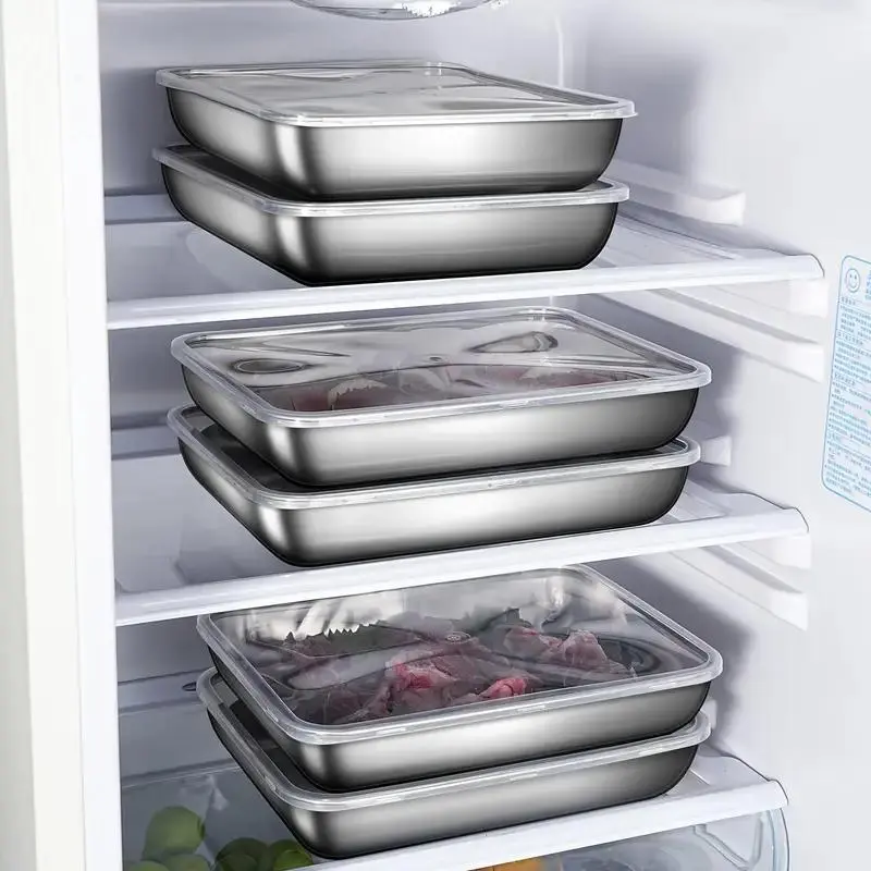 Metal Food Storage Box with Lid, 6 Counts/set Durable Food Storage Container, Stainless Steel Rectangular Kitchen Storage Box for Fruit, Sauce, Snack, Vegetables