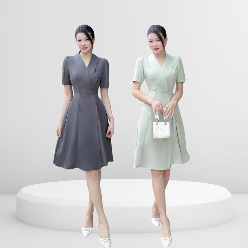 Đầm cổ vest Nữ công sở thiết kế Nhật Vy đính nút bọc tay ngắn form dáng xoè chất lụa dự tiệc - D3154 Nhung Dress
