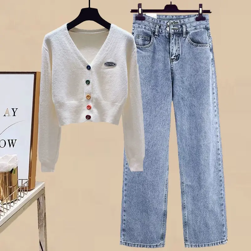 Temperament Set Women's Autumn Korean Short Sweater Knitwear High Waist Floor Sweeping Wide Leg Pants Casual Two Piece Set