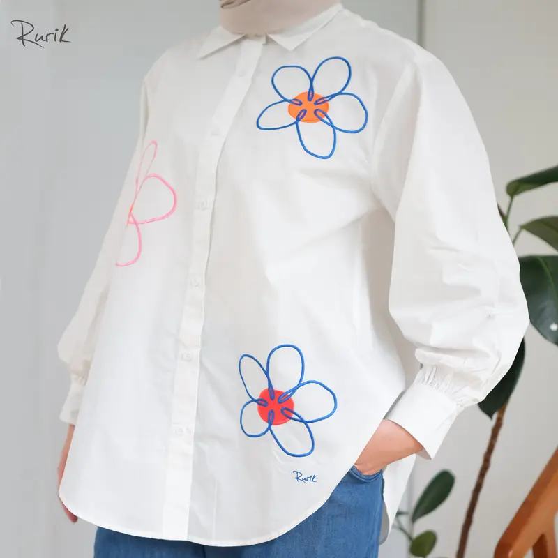 Rurik Flower Embroidery Shirt Kemeja Oversize  atasan  wanita Baju Muslim Nyaman Panjang Airflow 1