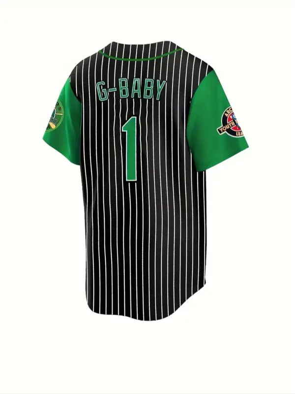 Men's Letter & Number Embroidery V Neck Baseball Jersey, Loose Striped Print Short Sleeve Button Sports T-shirt, Casual Breathable Baseball Jersey for Outdoor Sports 1
