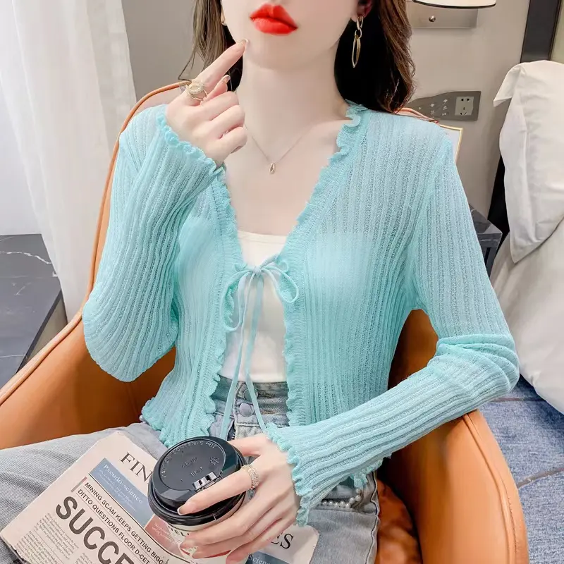 Áo Cardigan Dệt Kim Mỏng, Dây Đeo Ngọt Ngào Với Cổ Chữ V, Dành Cho Nữ, Mặc Áo Khoác Ngắn, Thích Hợp Mặc Ngoài Trời, Cho Mùa Xuân, Mùa Thu Và Mùa Hè Top Women Voi